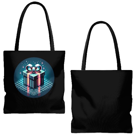 Cyberpunk Pixel Art Gift Box - Neon Ribbons Tote Bags (AOP)