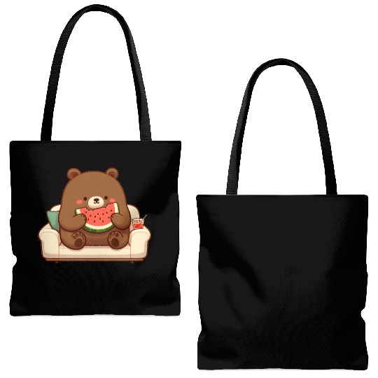Cosy bear enjoying watermelon Tote Bags (AOP)