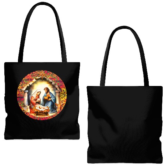 Nativity scene with Mary Joseph Baby Jesus Tote Bags (AOP)