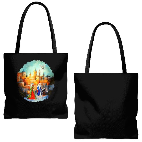 Mary and Joseph in Bethlehem with donkey Tote Bags (AOP)