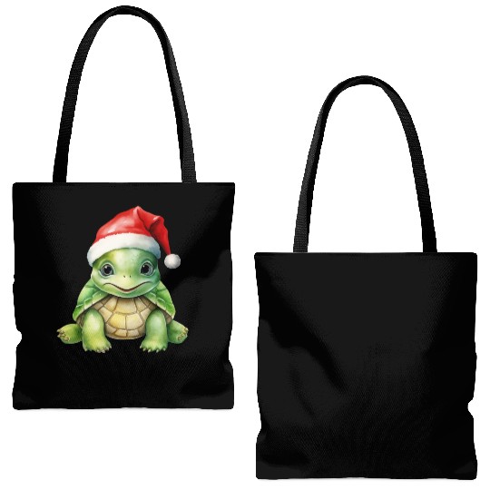 cute green sea turtle wearing a Santa hat Tote Bags (AOP)