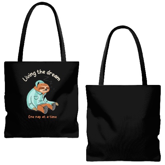 Living the dream one nap at a time, sleepy sloth Tote Bags (AOP)