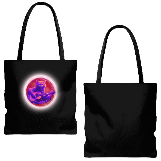 Rock Cat Playing Guitar Tote Bags (AOP) under the red moon