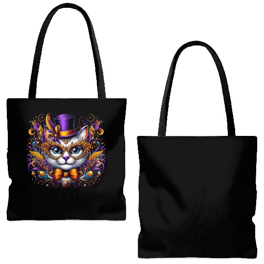 Mardi Gras cat with hat and glasses Tote Bags (AOP)