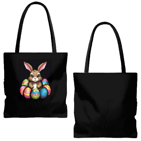 Easter Bunny Rabbit Colorful Eggs Easter Egg Hunt Tote Bags (AOP)