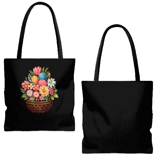 Easter Day Easter Egg Basket Spring Flowers Tote Bags (AOP)