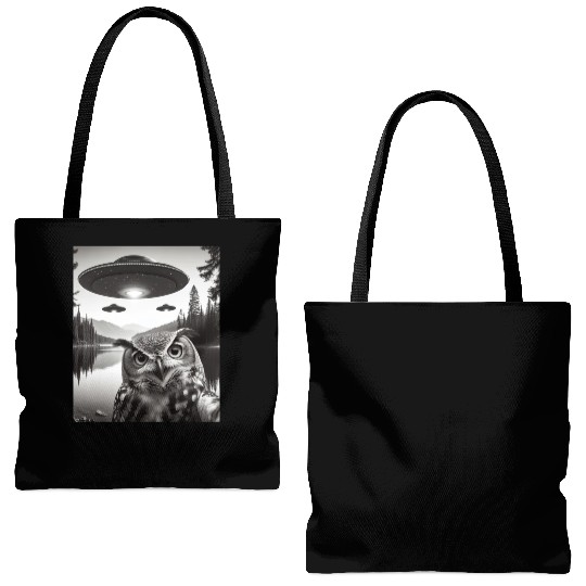 Funny Graphic Owl With UFOs Weird Tote Bags (AOP)