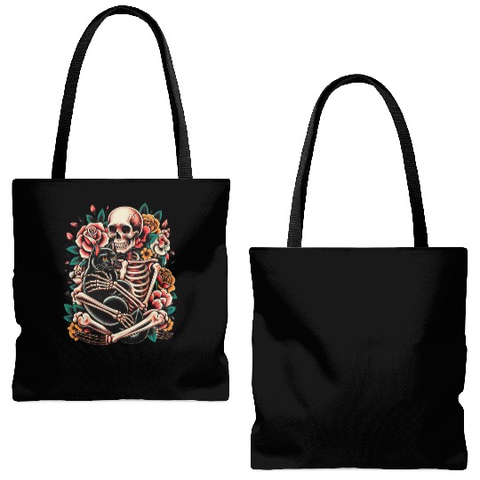 Skeleton Black Cat Floral Old School Vintage Tote Bags (AOP)