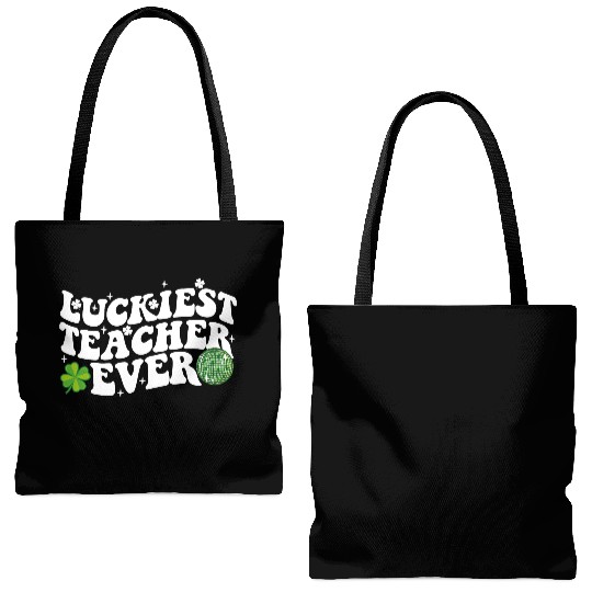 Luckiest Teacher Ever Disco Ball Shamrock Groovy Tote Bags (AOP)