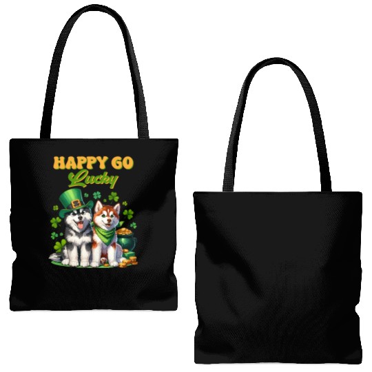 Happy Go Lucky Cute Husky St Patricks Day Tote Bags (AOP)