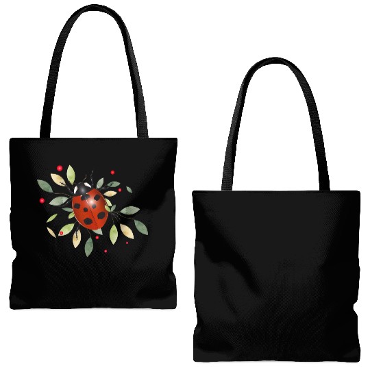 red glowing ladybug with green leaves Tote Bags (AOP)