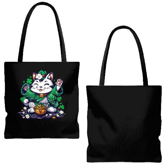 Kawaii St Patricks Day Cat With a Pot Of Gold Tote Bags (AOP)