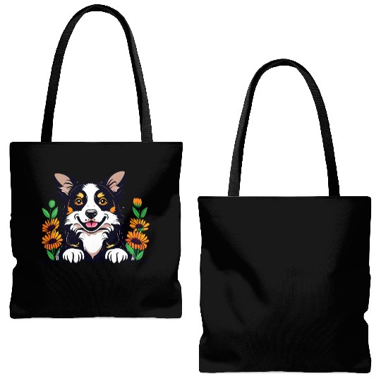 Happy Border Collie Dog With Flowers Tote Bags (AOP)