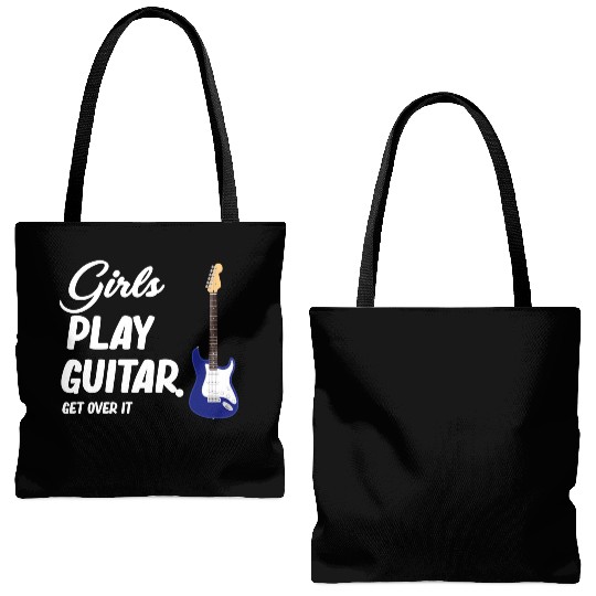 Girls Play Guitar. Get Over It. Female Guitarist Tote Bags (AOP)