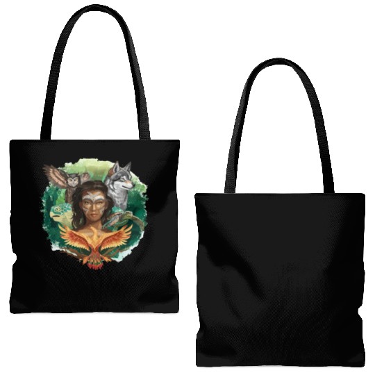 Wildlife Tribal Wolf Owl Turtle Woman for a Tote Bags (AOP)