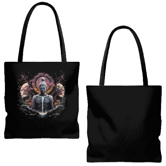 Buddha's Serenity: Cherry Blossom Waterfall Tote Bags (AOP)