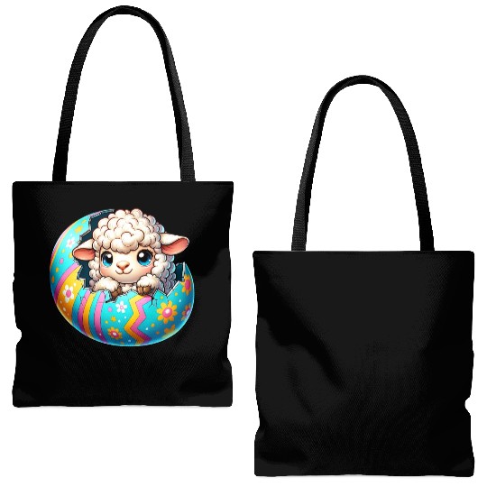 Colorful Lamb Hatching from Easter Egg Cartoon Tote Bags (AOP)