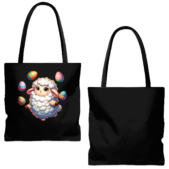 Colorful Easter Egg Juggling Lamb Cartoon Tote Bags (AOP)
