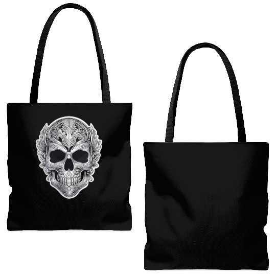 Mexican tribal silver metallic skull Tote Bags (AOP)