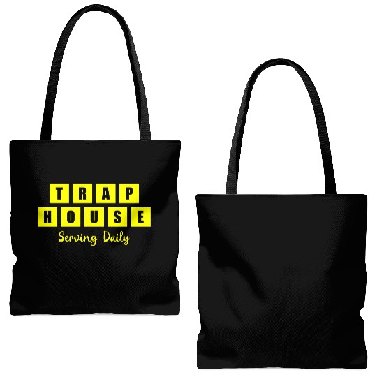 Trap House Serving Daily Black Waffle Tote Bags (AOP)