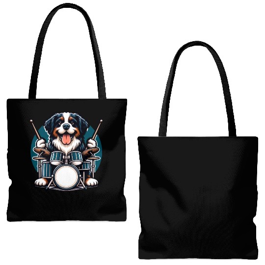 Cool Bernese Mountain Dog Drummer Design Tote Bags (AOP)