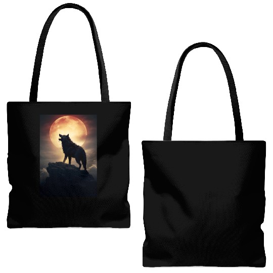 Digital art moon and wolf - Cool wolf leader Alfa Tote Bags (AOP)