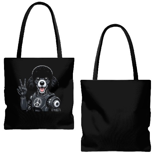 Cyborg Poodle with Peace Sign Robot Design Tote Bags (AOP)
