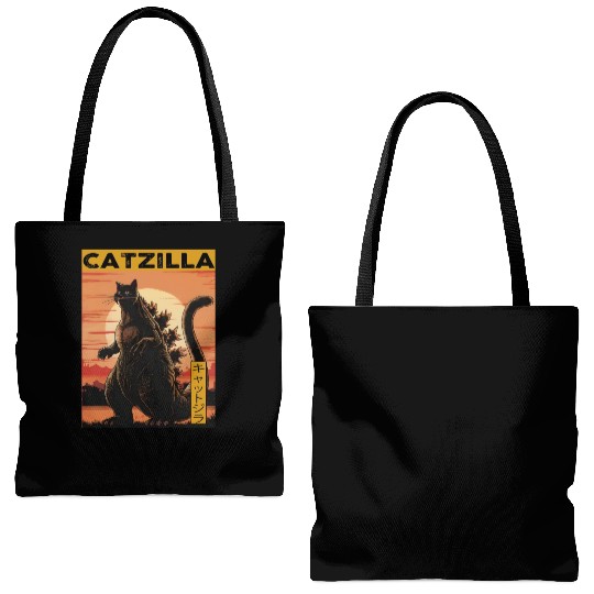 Catzilla Vintage Funny Cute Cat Art Japanese Sunse Tote Bags (AOP)