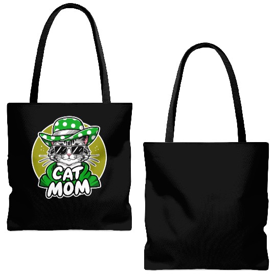 Cat Mom Funny cat with sunglasses, hat and clothes Tote Bags (AOP)