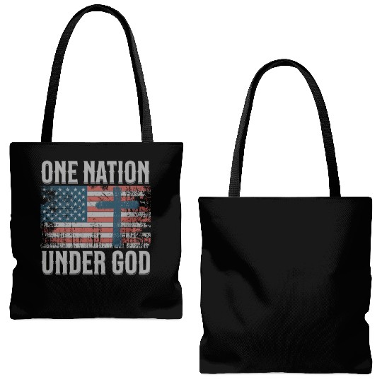 One Nation Under God Retro US Flag Christian Cross Tote Bags (AOP)