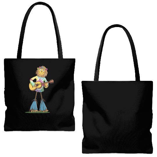Hippie Scarecrow Playing Guitar Tote Bags (AOP)