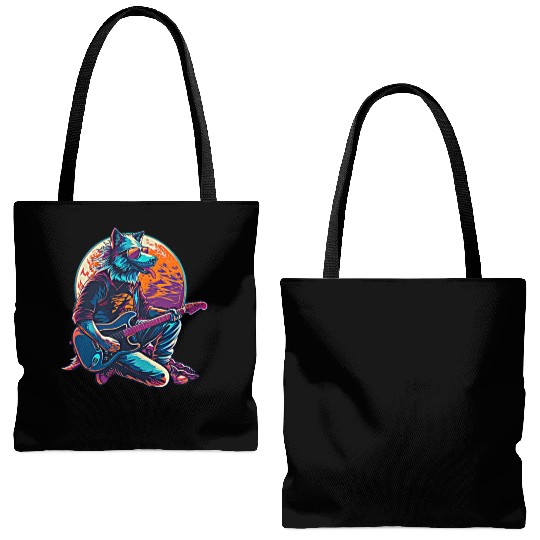 Blue Wolf Moon Guitar Player Retro Sunglasses Tote Bags (AOP)