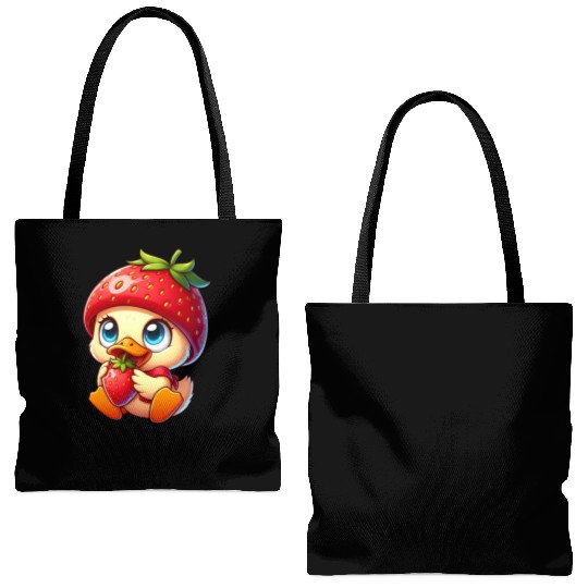 Cute Duck with Strawberry Fruity Quirky Fruit Tote Bags (AOP)