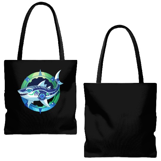 Shark, combines organic and mechanical aesthetics. Tote Bags (AOP)