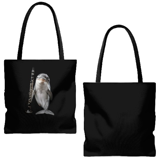 Dolphin Playing Clarinet Realistic Tote Bags (AOP)