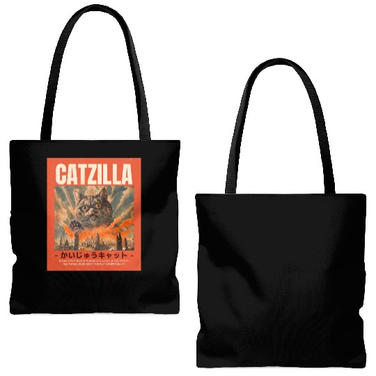 Catzilla Vintage Japanese Funny Angry Cat Tote Bags (AOP)