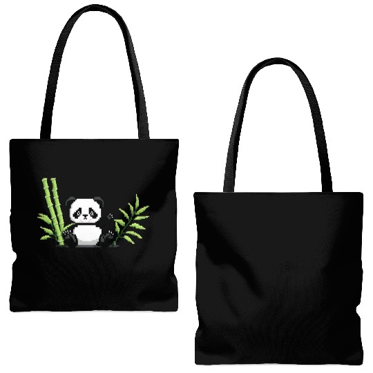 A pixel art of a panda with a bamboo leaf Tote Bags (AOP)