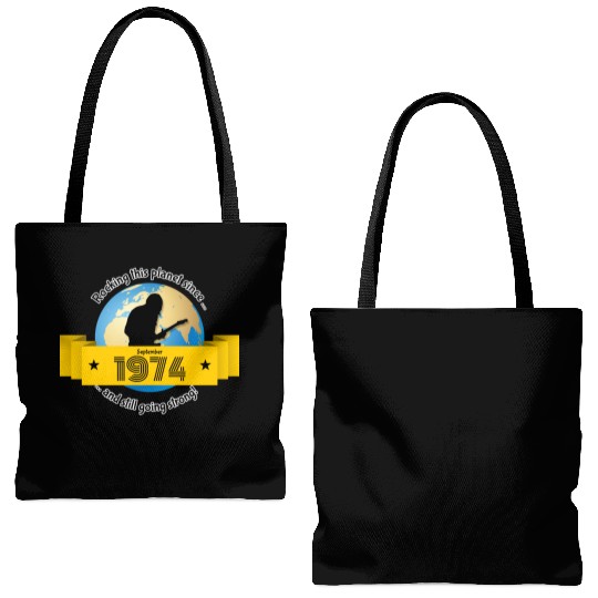 50th birthday Rocking this planet since 09/1974 Tote Bags (AOP)