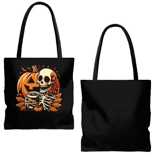 Coffee Drinking Skeleton Pumpkin Halloween Costume Tote Bags (AOP)