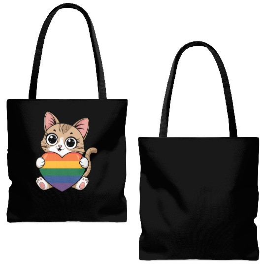 Cute Cat Holding Rainbow Heart LGTBQ Tote Bags (AOP)
