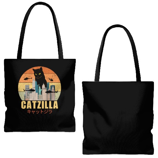 Retro Vintage Catzilla Japanese Cute Cat Lover Tote Bags (AOP)