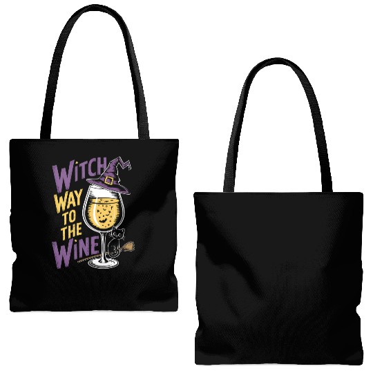 Spooky Witch Hat with Wine Glass and Halloween Cat Tote Bags (AOP)