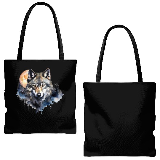 Wolf Portrait Under Full Moon Design Tote Bags (AOP)