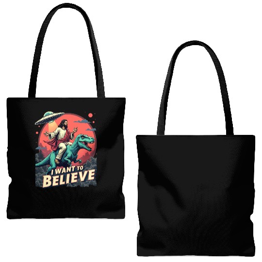 Jesus Riding a Dinosaur with UFO - I Want to Belie Tote Bags (AOP)