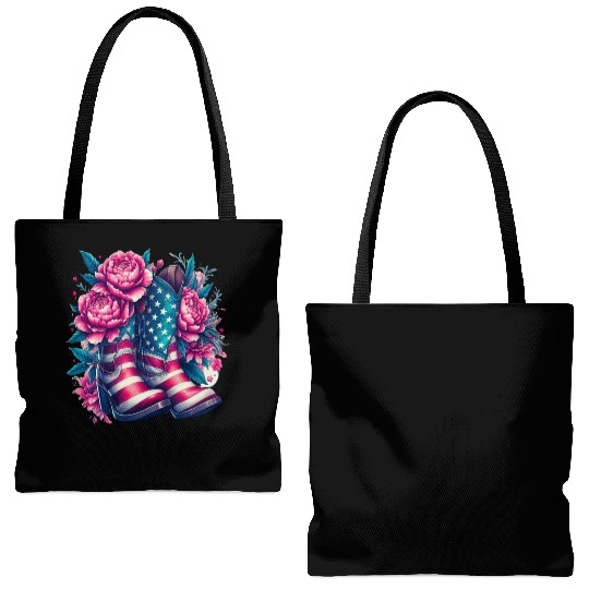 American Flag Cowgirl Boots Flowers Tote Bags (AOP)