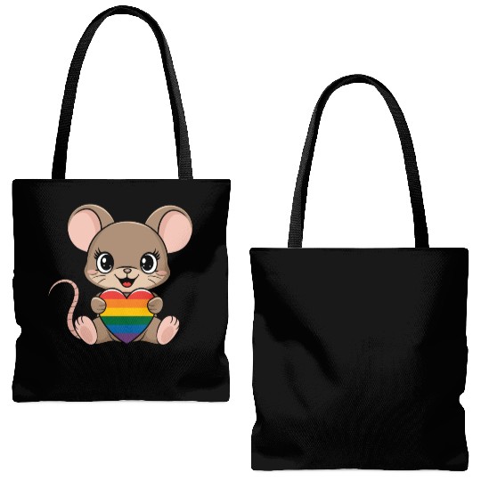 Cute Mouse Holding LGTBQ Rainbow Heart Tote Bags (AOP)