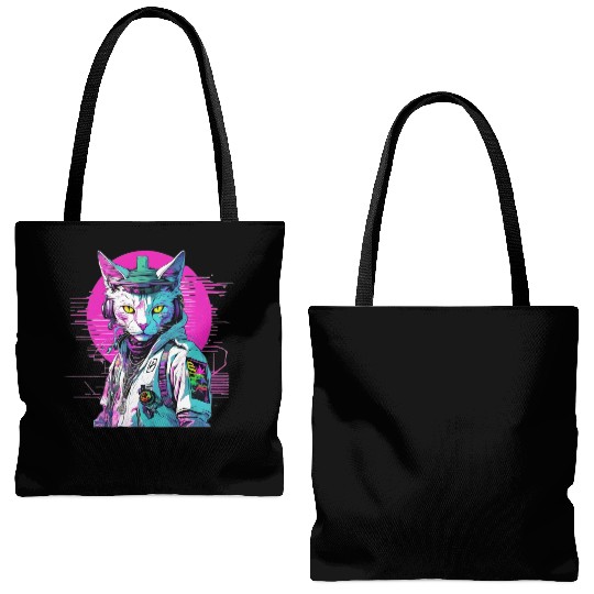 Neon Cyberpunk Warrior Cat Tote Bags (AOP)