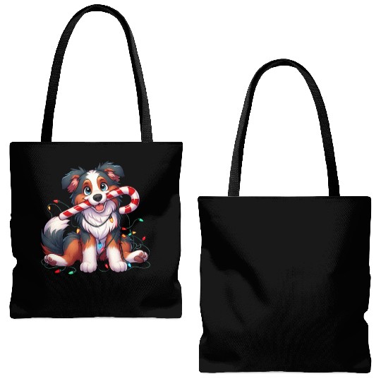 Christmas Dog Australian Shepard Lights Tote Bags (AOP)