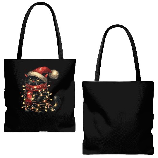 Black Cat In Christmas Light, Cat Lights Tote Bags (AOP)