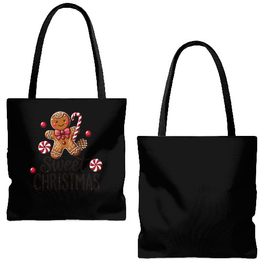 Happy gingerbread man with candy cane Tote Bags (AOP)